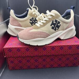 Tory Burch Womens Sneakers Sz 8 Trainer Suede Cream/Navy/Pink Worn 2-3 Times-Box